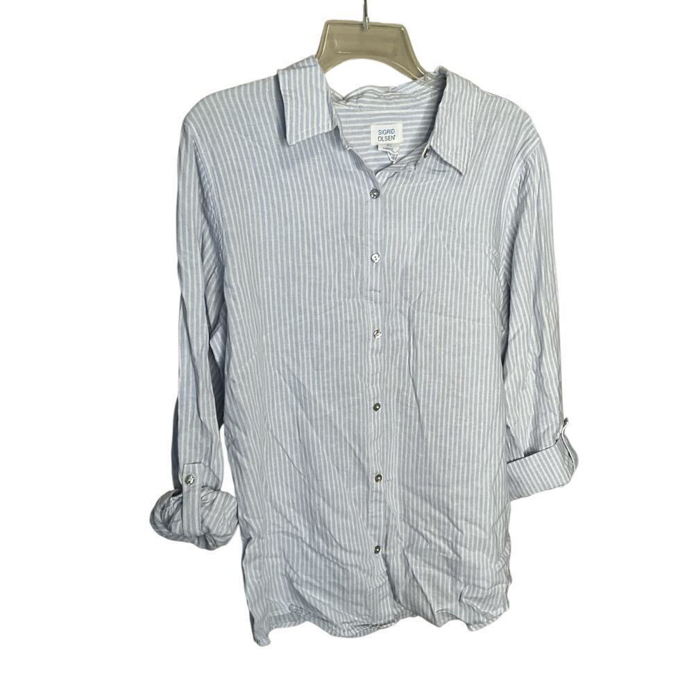 Sigrid Olsen Linen Button-Up Shirt Long Sleeves Stripped Blue White Size L NWT